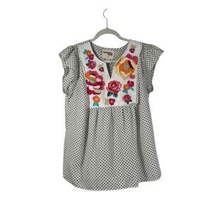 Savannah Jane Polka Dot Floral Embroidered Short Sleeve Blouse Boho Womens Med